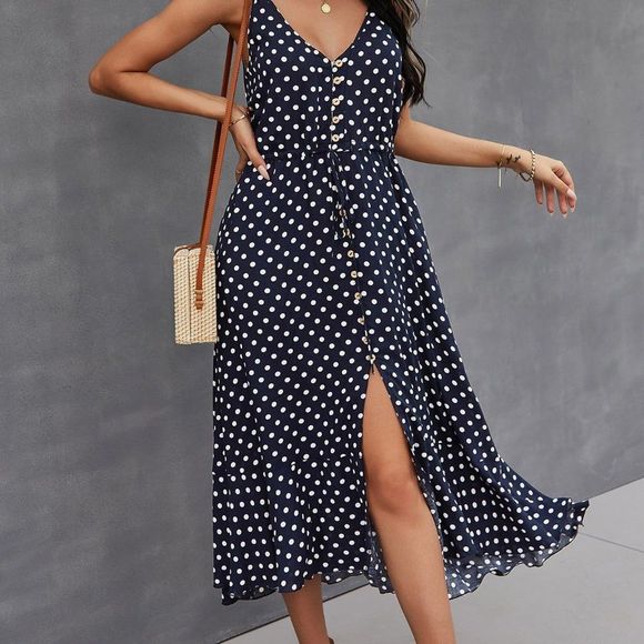 New Button Through Drawstring Waist Polka Dot Cami Dress Navy blue 226 - Picture 6 of 6
